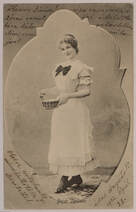 Ételkészítő hölgy - nő divatos ruhában - női divat - Bojár Teruska - képeslap, 1902