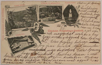 Feketehegy-fürdő - Tököly-ház - fürdő látképe - Főforrás és zenepavillon - Tompa-szobor - képeslap, 1900