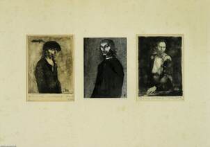 Szegény Villon, férfi portrék - rézkarc, foltmaratás, tus, hidegtű 18,8 cm x 14,3 cm , 19,7 cm x 13,8 cm, 19,7 cm x 14,3 cm. Feltehetően Faludy György (Szegény Villon - Gyurinak...) számára dedikálta Szász Endre.