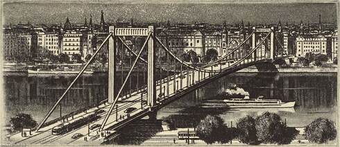 Erzsébet híd 1964 - rézkarc, papír 5,2 cm x 11,8 cm