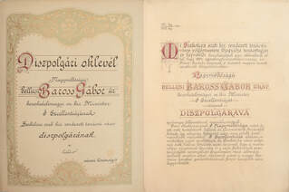 Baross Gábor díszpolgári pergamen oklevéle (Osváld János, Szakolca polgármestere és Dombay Ede főjegyző által aláírt példány)