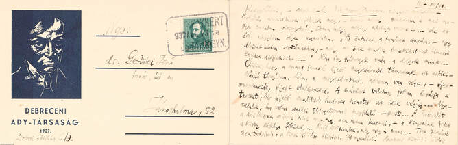Gulyás Pál költő a Debreceni Ady-Társaság levelezőlapjára írt autográf levele (dedikált példány) (Gáborjáni Szabó Kálmán által illusztrált.)