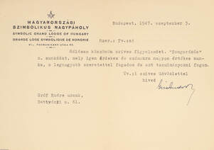 A Magyarországi Szimbolikus Nagypáholy levele Gerő Andor aláírásával Gróf Endre zongoraművésznek