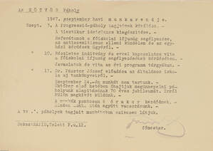 Az Eötvös Páholy 1947. szeptember havi munkarendje Fónagy Béla bélyegzett aláírásával, Gróf Endre zongoraművésznek címzett borítékban