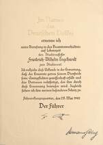 Hermann Göring autográf kézjegyével ellátott, tanári kinevezésről szóló oklevél Adolf Hitler faximile aláírásával. (Hermann Göring által aláírt dokumentum.)