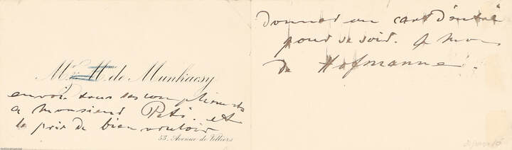 Munkácsy Mihály francia nyelvű, autográf, magánjellegű feljegyzésével ellátott névjegykártya