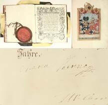 Mária Terézia lovagi cím adásáról rendelkező adománylevele, az uralkodó saját kezű aláírásával. A dokumentum 22 oldalból, közte egy kézzel festett címeroldalból áll.