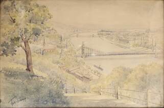 Kilátás a Gellért-hegyről a Rác fürdővel és a régi Erzsébet híddal - akvarell, papír 27,4 cm x 41,7 cm