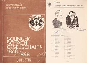 Internationales Großmeisterturnier (Kategorie IA) vom 19. Juni bis 7. Juli 1968 (Lengyel Levente, Szabó László és további 14 sakkozó, valamint a nemzetközi versenyvezető által aláírt példány)
