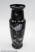 Kralik festett art deco fekete üveg váza 20. század első fele 27 cm