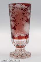 Biedermeier vadászjelenetes piros üveg serleg 19. század közepe