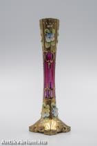 Moser szecessziós festett aranyozott mini rózsaszín üveg váza 20. század eleje 12 cm