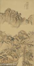 Tájkép zen kolostorokkal - akvarellel, lavírozott kínai tus, papír 66 cm x 34 cm