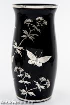 Francia art deco ezüst festett fekete üveg váza 20. század első fele