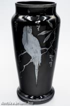 Francia art deco ezüst festett fekete üveg váza 20. század első fele