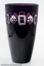 Ajka art deco stílusú gyártói etikettel ellátott csiszolt überfang lila üveg váza 20. század második fele