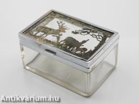 Moser art deco színtelen lapra csiszolt vadászjelenetes fémbetétes üveg doboz 20. század eleje