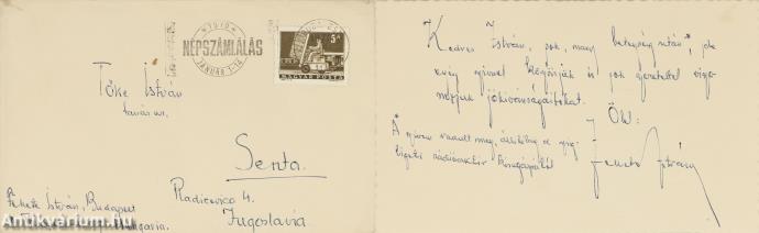 Fekete István 1970 januárjában (fél évvel halála előtt) kelt autográf magánlevele Tőke István tanár számára.