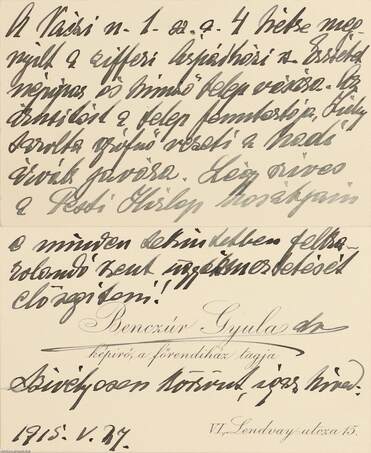 Benczúr Gyula levele saját névjegykártyáján Kézdi-Kovács László festőművész részére (Eredeti megcímzett borítékban.)