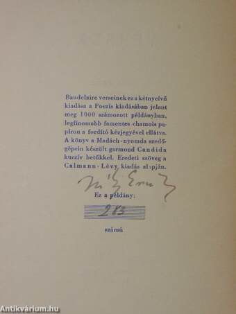 Charles Baudelaire, Szily Ernő,  - Versek (aláírt, számozott példány) – Aukció – 2. online aukció, 2016.