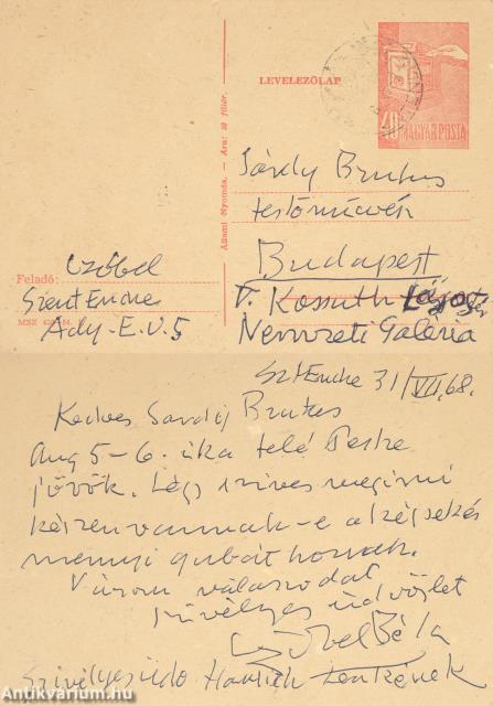Czóbel Béla, Sárdy Brutus,  - Czóbel Béla autográf képeslapja Sárdy Brutusnak – Aukció – 19. Dedikált könyvek aukciója, 2023. 05.