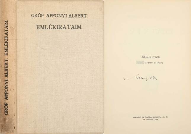Dr. gróf Apponyi Albert,  - Emlékirataim/Ötven év (aláírt, bibliofil példány) – Aukció – 19. Dedikált könyvek aukciója, 2023. 05.