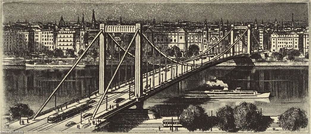  - Erzsébet híd 1964 - rézkarc, papír 5,2 cm x 11,8 cm – Aukció – 15. online aukció, 2021. 09.