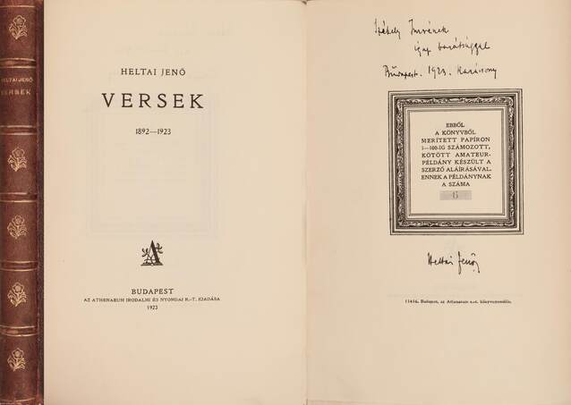 Heltai Jenő,  - Versek (dedikált példány) – Aukció – 13. Dedikált könyvek aukciója, 2021. 05.