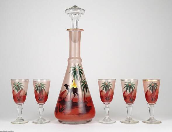 Karl Palda,  - Karl Palda festett art deco üveg készlet 5 pohárral és egy palackkal 1920 – Aukció – Gyűjteményárverezés: 2. üveg árverés, 2023. 01.