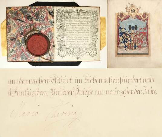 Mária Terézia,  - Mária Terézia nemesi cím adásáról rendelkező adománylevele, az uralkodó saját kezű aláírásával – Aukció – 23. online aukció