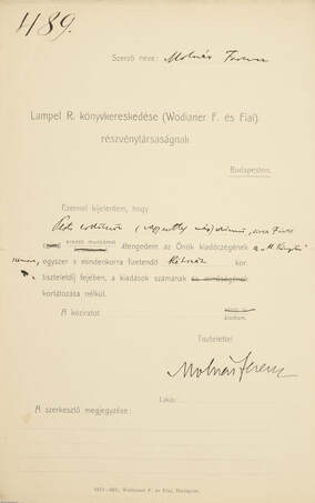 Molnár Ferenc,  - Molnár Ferenc által aláírt, a Lampel R. könyvkereskedése (Wodianer F. és Fiai) részvénytársasággal kötött kiadói szerződés – Aukció – 18. Dedikált könyvek aukciója, 2023. 02.