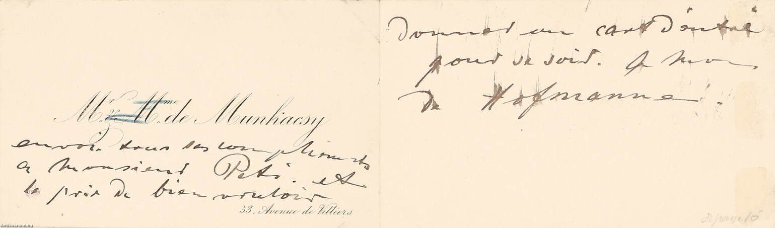  - Munkácsy Mihály francia nyelvű, autográf, magánjellegű feljegyzésével ellátott névjegykártya – Aukció – 16. Dedikált könyvek aukciója, 2022. 05.