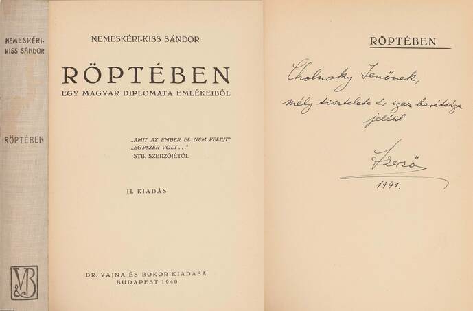 Nemeskéri-Kiss Sándor,  - Röptében (Cholnoky Jenőnek dedikált példány) – Aukció – 9. Dedikált könyvek aukciója, 2020. 01.