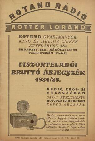 Rotter Lóránd,  - Rotand Rádió rádió-villamossági viszonteladói bruttó árjegyzék 1934-1935 – Aukció – 1. Soha nem árverezett könyvek aukciója, 2019. 05.