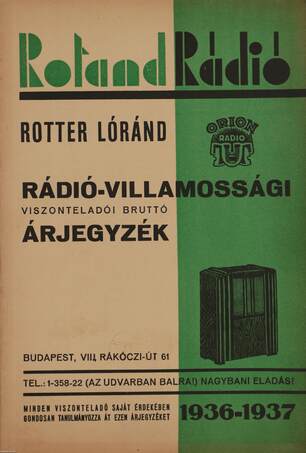 Rotter Lóránd,  - Rotand Rádió rádió-villamossági viszonteladói bruttó árjegyzék 1936-1937 – Aukció – 1. Soha nem árverezett könyvek aukciója, 2019. 05.