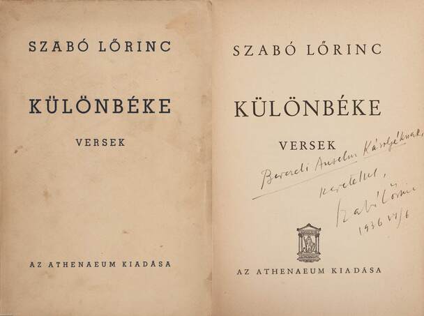 Szabó Lőrinc,  - Különbéke (dedikált példány) – Aukció – 15. online aukció, 2021. 09.