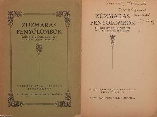 Szigethy Lajos,  - Zúzmarás fenyőlombok (dedikált példány) – Aukció – 4. Dedikált könyvek aukciója, 2018. 05.