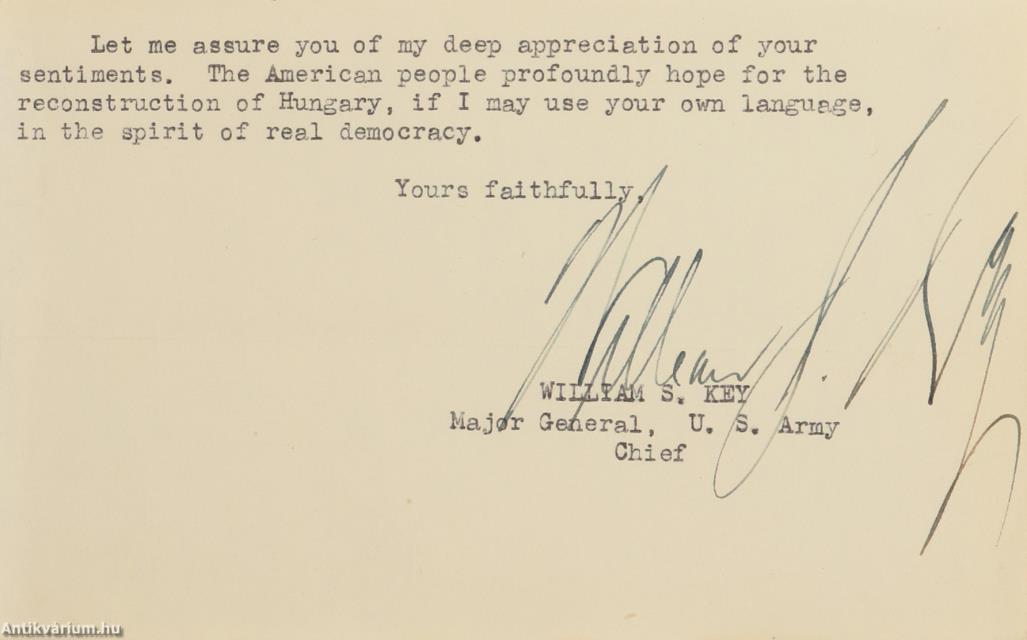 William S. Key,  - William S. Key tábornok aláírt levél-részlet – Aukció – 19. Dedikált könyvek aukciója, 2023. 05.